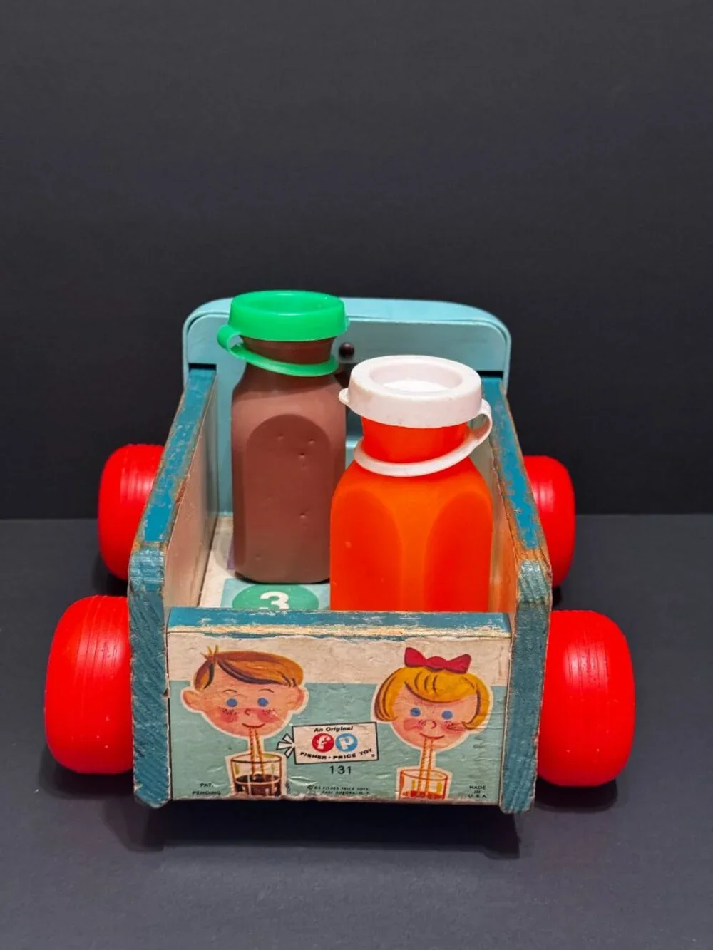 Fisher Price Pull Toy Milk Wagon 131 with Two Bottles, Vintage Circa 1965-1972